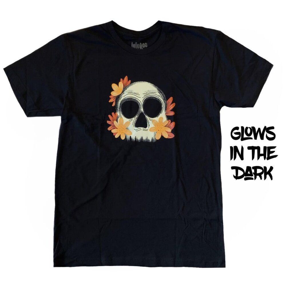 NEW M LuLaRoe Rocker T Short Sleeve Top Skull Glow Dark Black Shirt Floral‎ Fall